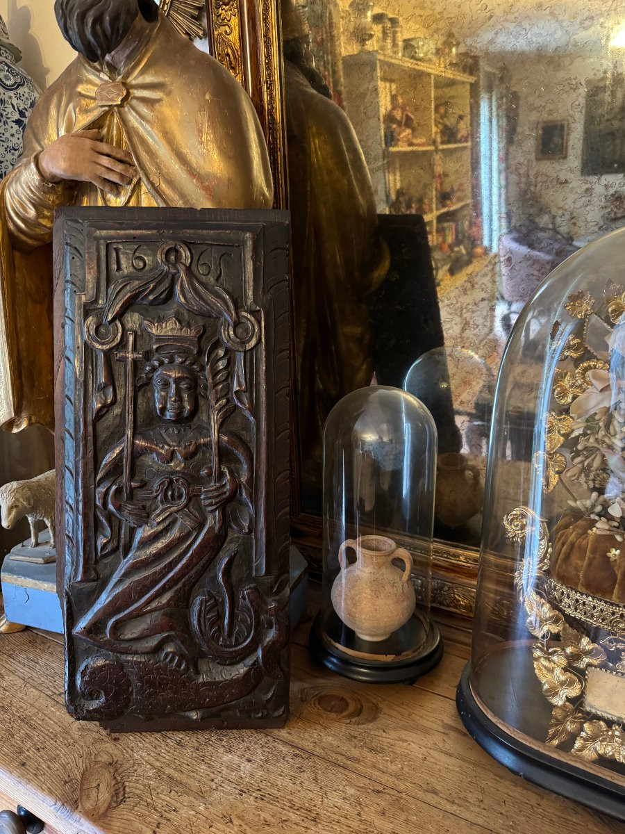 Carved Wooden Panel - Saint Margaret Of Antioch And The Dragon - Devil - Early Period-photo-2