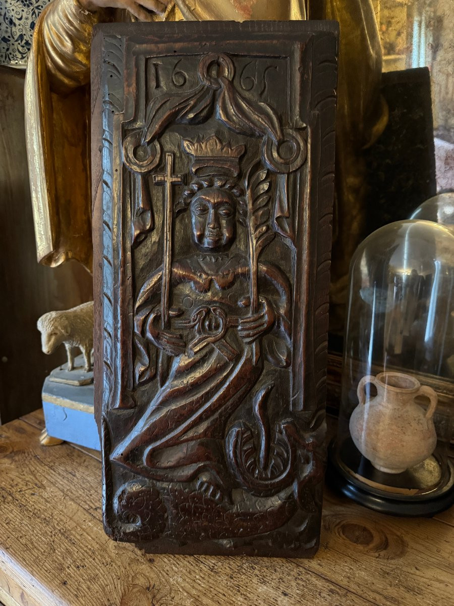Carved Wooden Panel - Saint Margaret Of Antioch And The Dragon - Devil - Early Period-photo-3