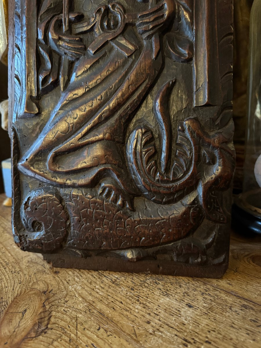 Carved Wooden Panel - Saint Margaret Of Antioch And The Dragon - Devil - Early Period-photo-4