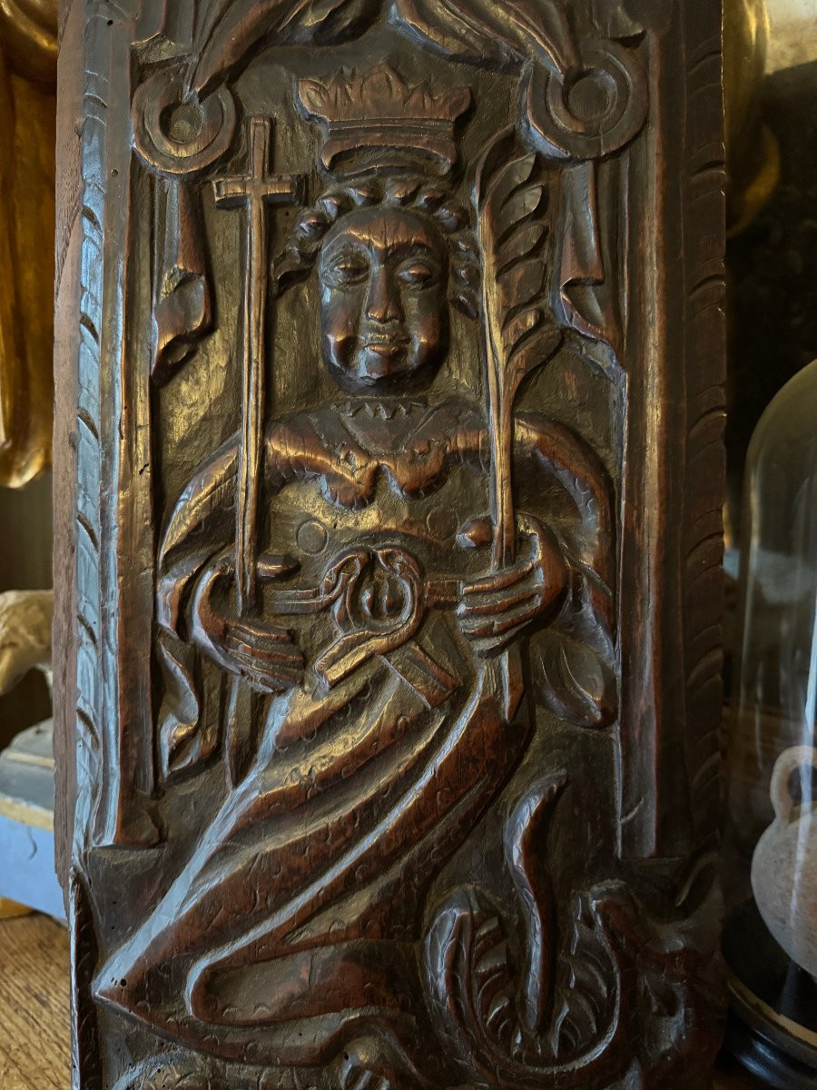 Carved Wooden Panel - Saint Margaret Of Antioch And The Dragon - Devil - Early Period-photo-1