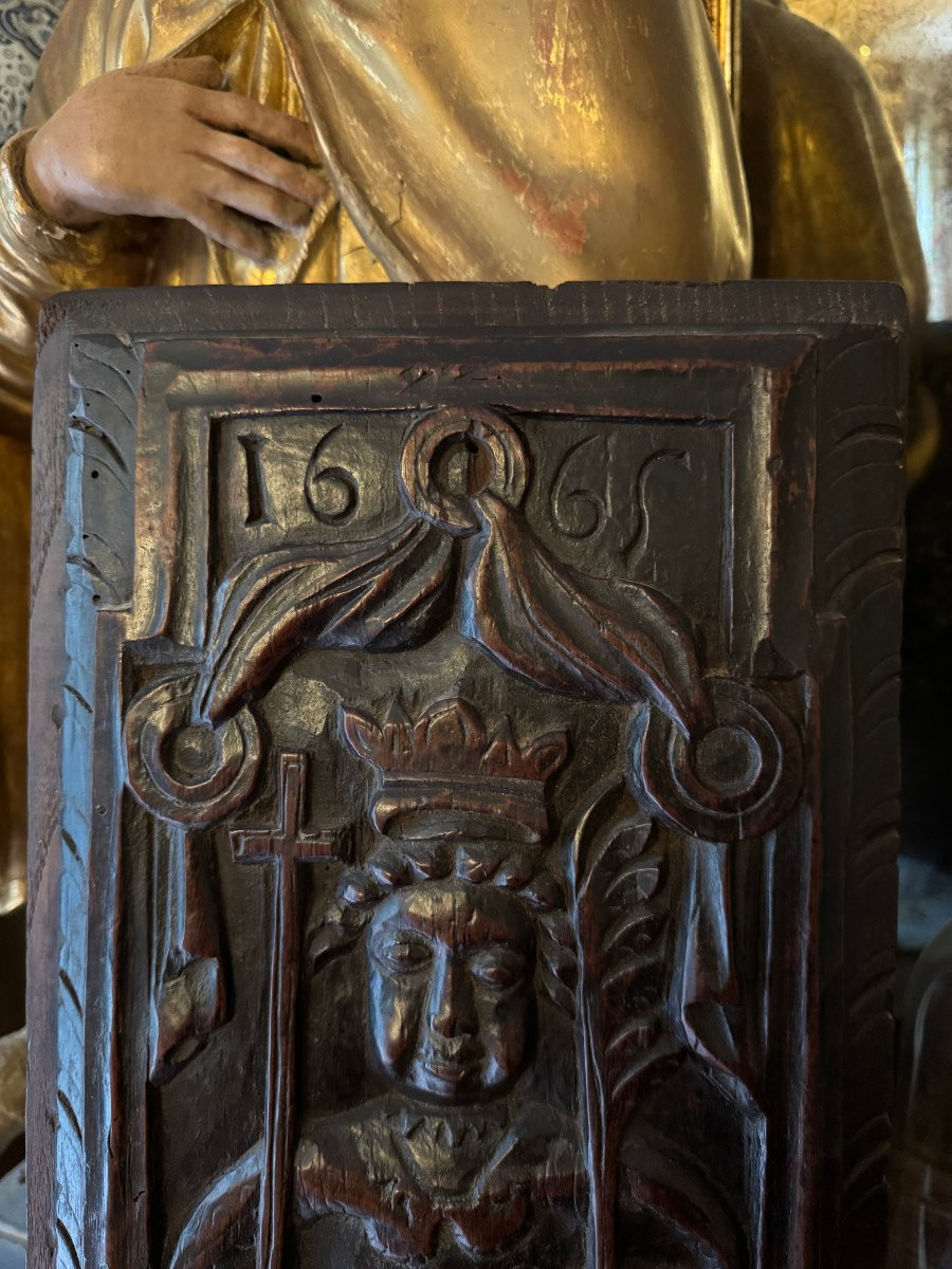 Carved Wooden Panel - Saint Margaret Of Antioch And The Dragon - Devil - Early Period-photo-2