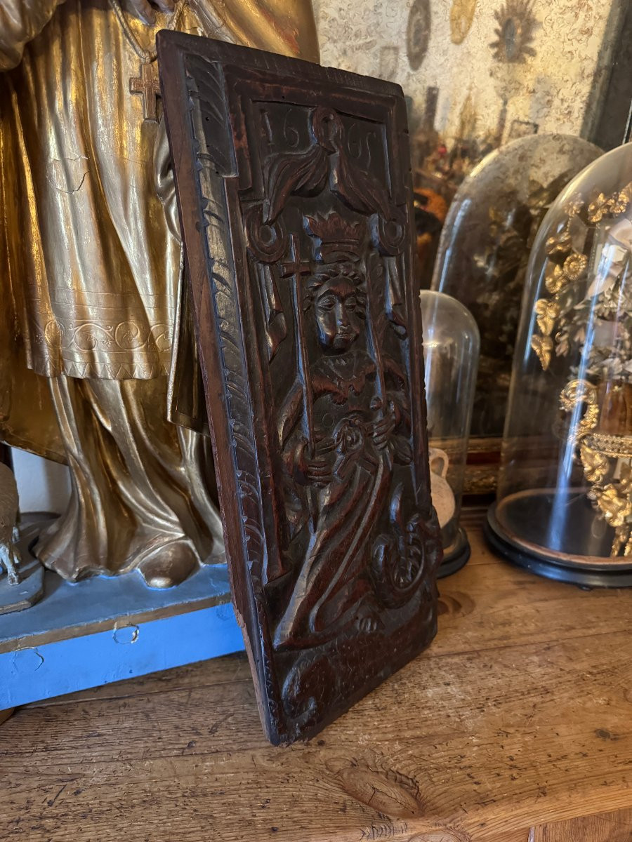 Carved Wooden Panel - Saint Margaret Of Antioch And The Dragon - Devil - Early Period-photo-3