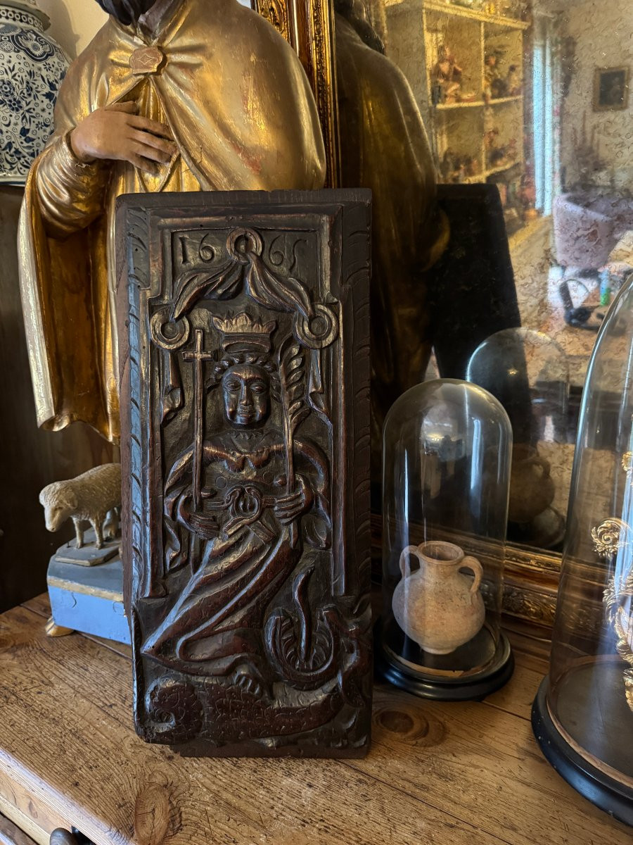 Carved Wooden Panel - Saint Margaret Of Antioch And The Dragon - Devil - Early Period-photo-7