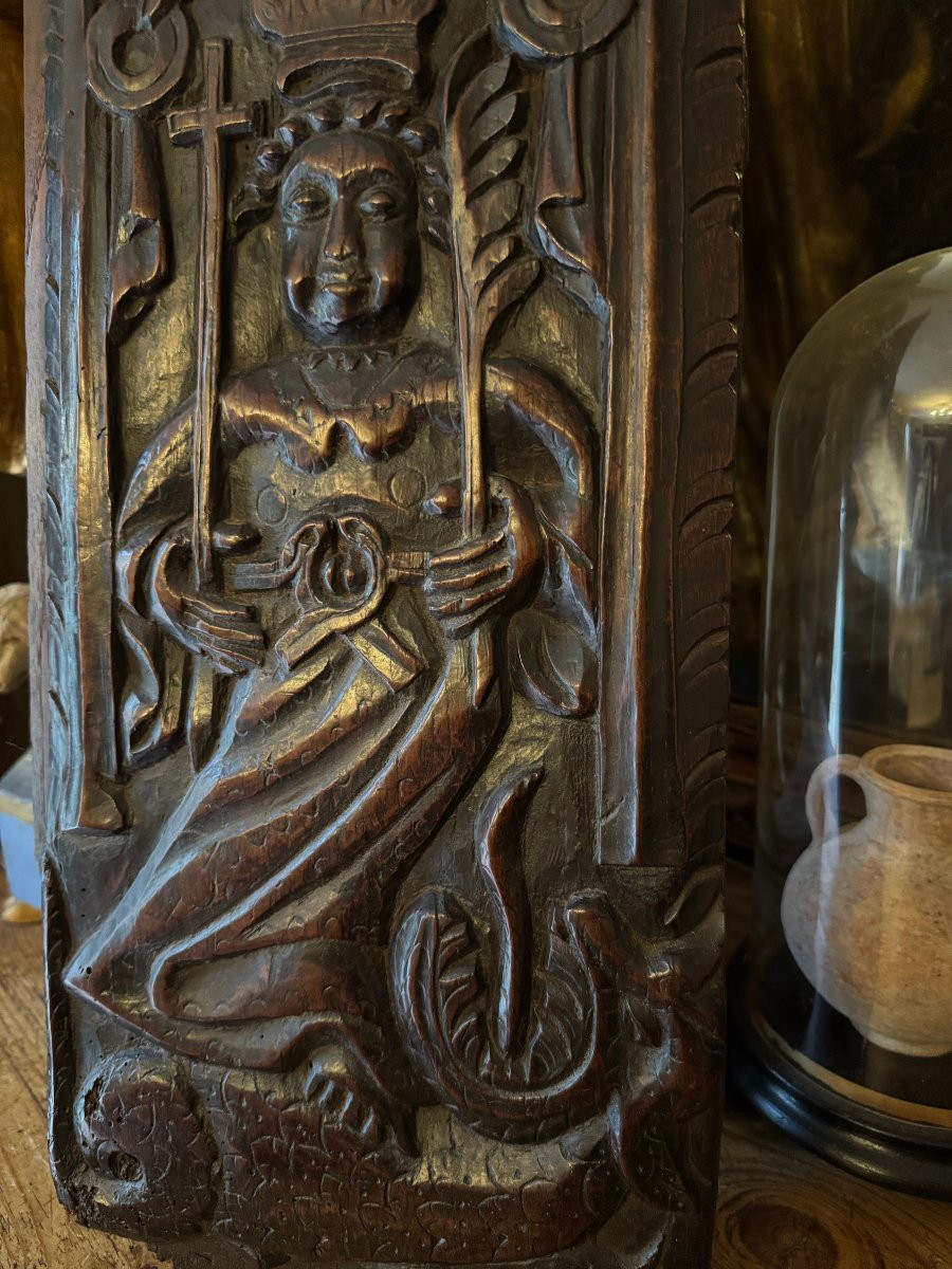 Carved Wooden Panel - Saint Margaret Of Antioch And The Dragon - Devil - Early Period-photo-8