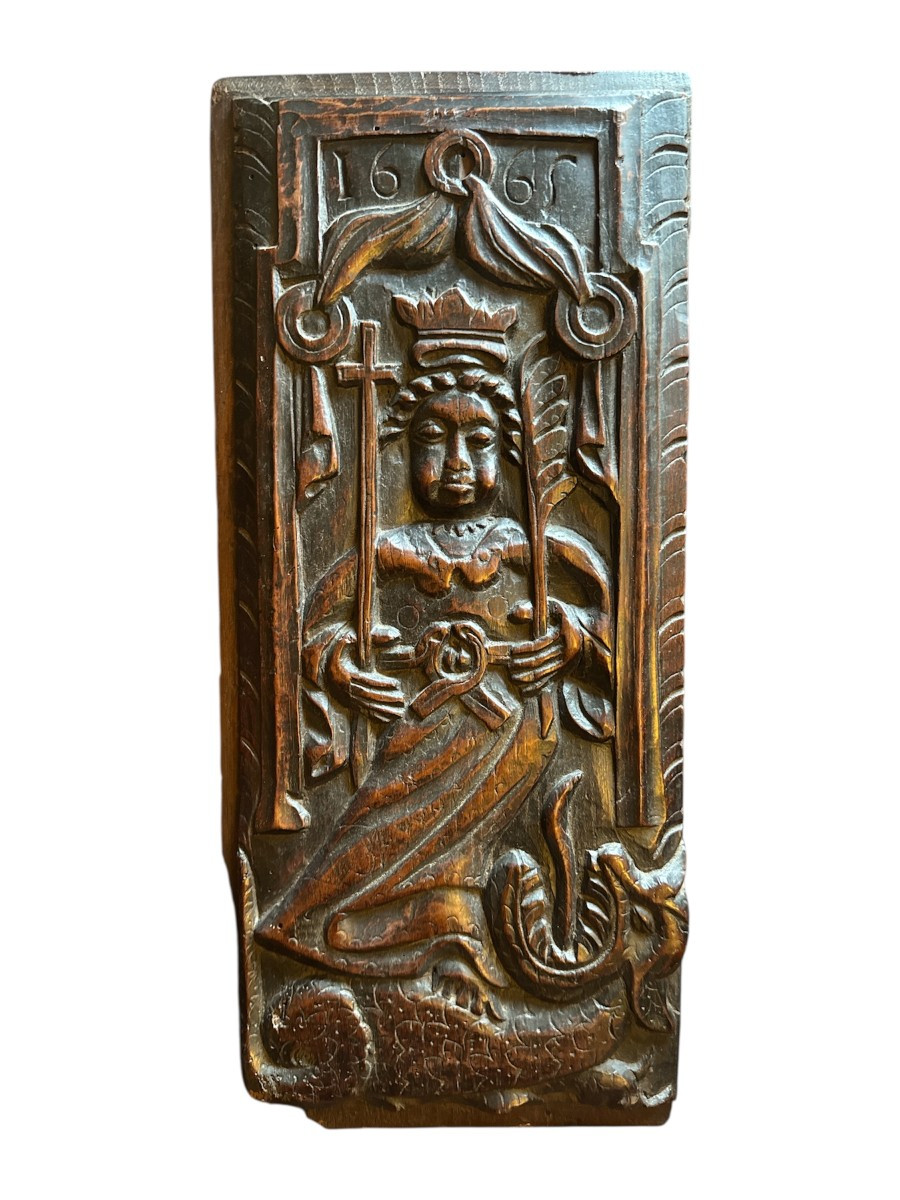 Carved Wooden Panel - Saint Margaret Of Antioch And The Dragon - Devil - Early Period