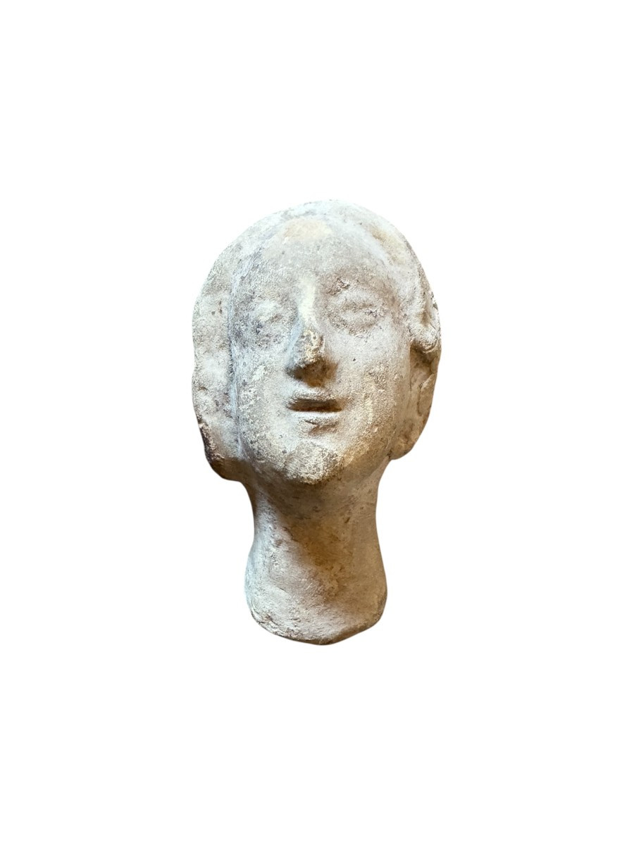 Artefact &ndash; Antiquit&eacute; &ndash; Statue, T&ecirc;te votive en terre cuite - Gallo-romain &ndash; Arch&eacute;ologie