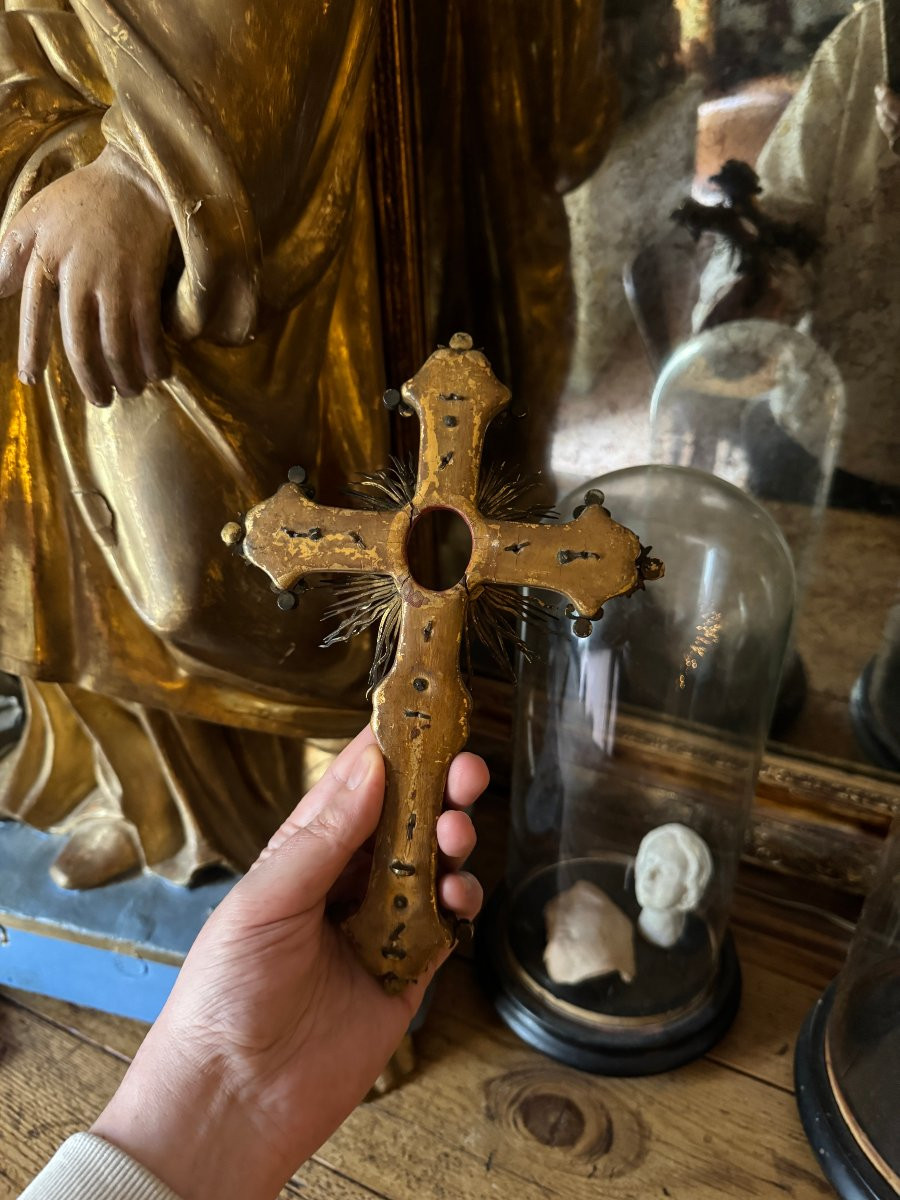Grande Croix reliquaire – Porte-reliquaire à incrustations de cabochons - Bois doré - Relique-photo-4