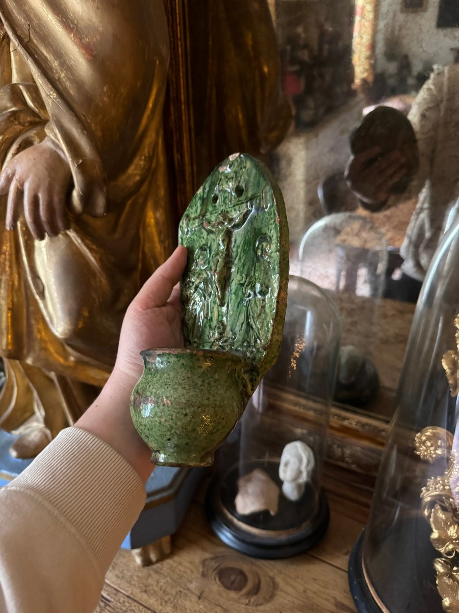 Terre cuite - B&eacute;nitier mural &ndash; Christ en croix - Crucifixion et Memento Mori &ndash; Art populaire-photo-3