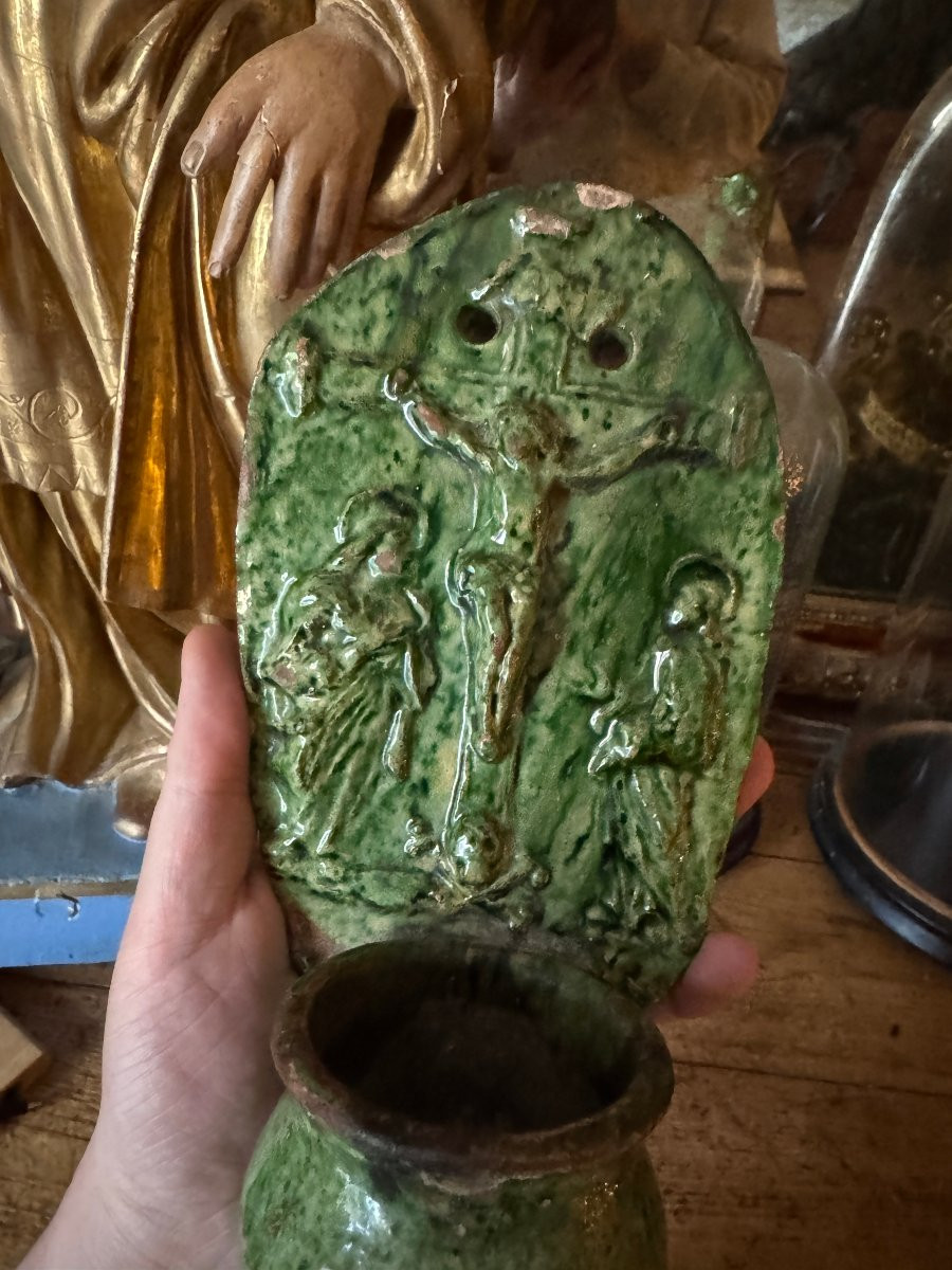 Terre cuite - B&eacute;nitier mural &ndash; Christ en croix - Crucifixion et Memento Mori &ndash; Art populaire-photo-4