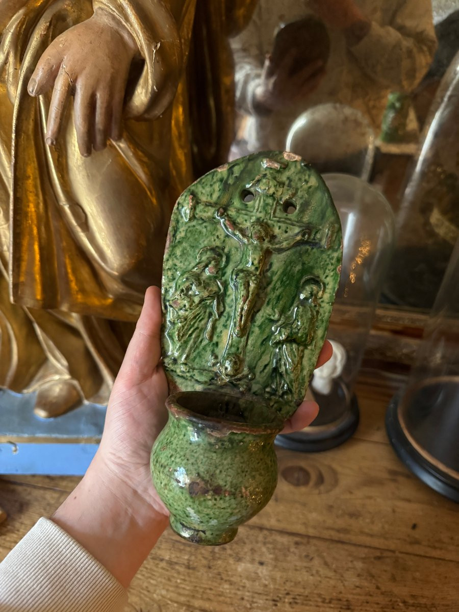 Terre cuite - B&eacute;nitier mural &ndash; Christ en croix - Crucifixion et Memento Mori &ndash; Art populaire-photo-5