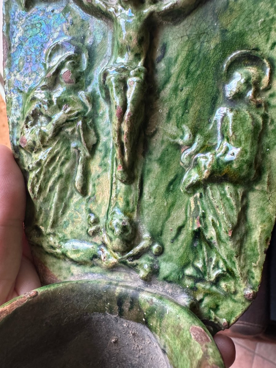 Terre cuite - B&eacute;nitier mural &ndash; Christ en croix - Crucifixion et Memento Mori &ndash; Art populaire-photo-7