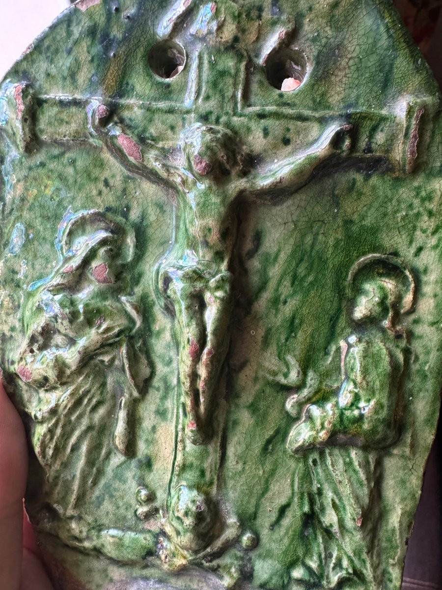 Terre cuite - B&eacute;nitier mural &ndash; Christ en croix - Crucifixion et Memento Mori &ndash; Art populaire-photo-8