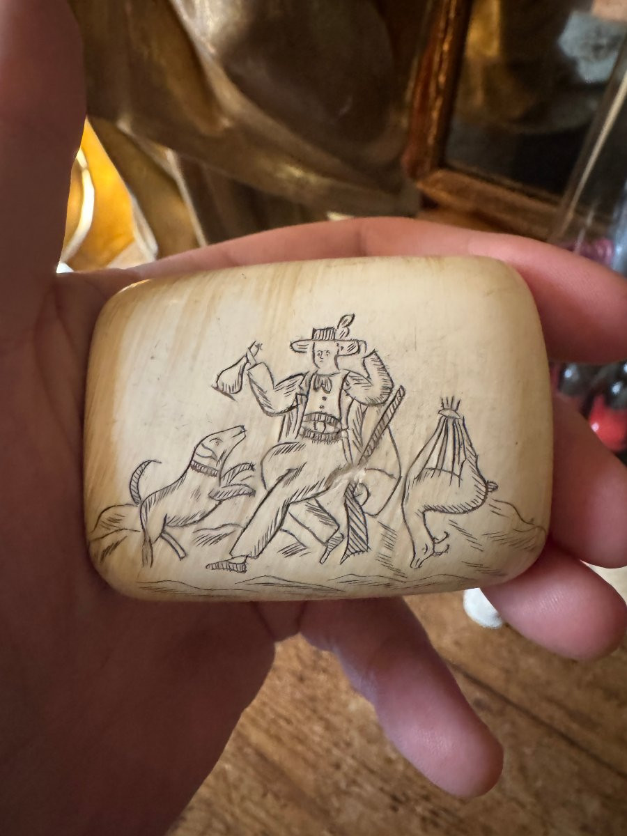 Tabatière Sterzinger de chasse – Boîte à tabac – Corne gravée – Art populaire – Scrimshaw-photo-7