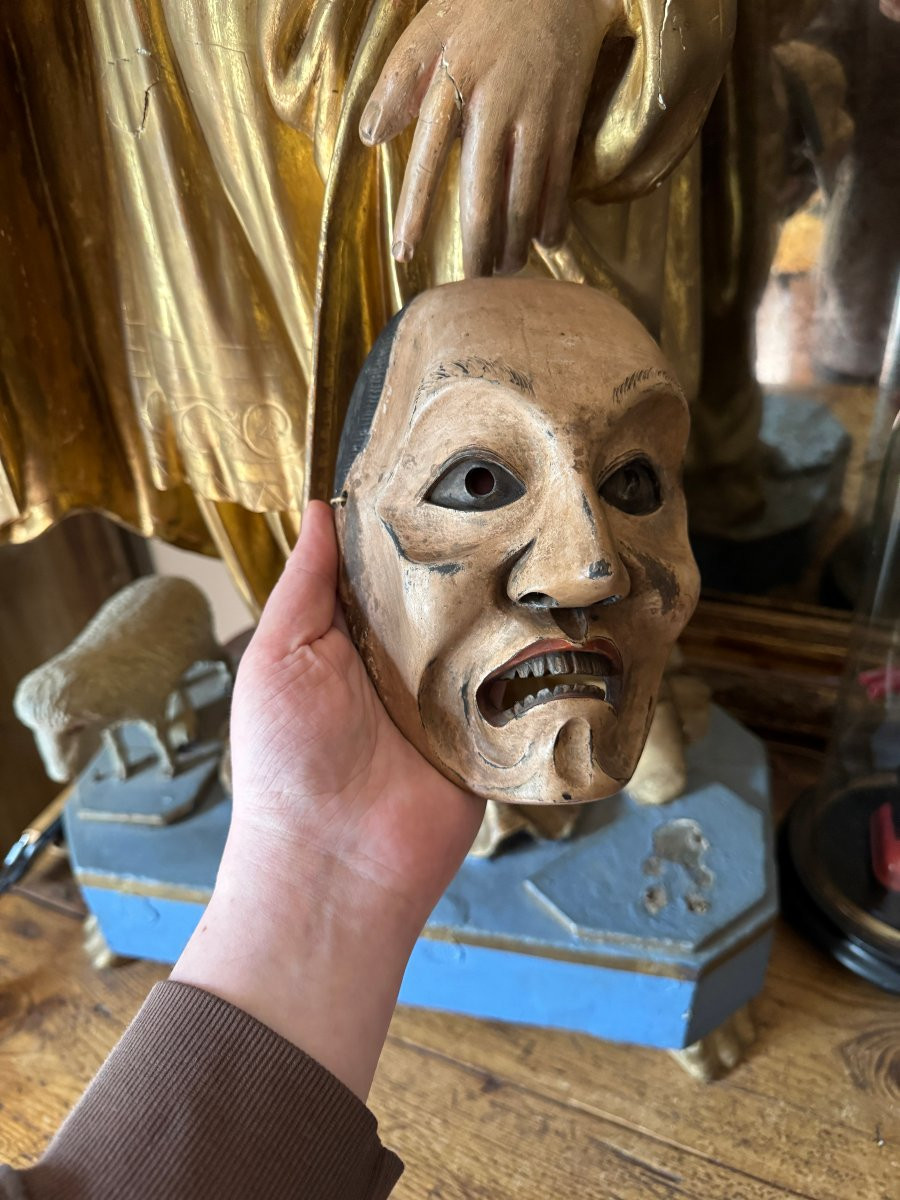 Démon, Diable - Masque japonais ancien en bois sculpté – Masque Théâtre Nō - Sculpture-photo-3
