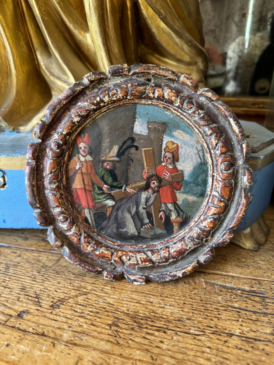  Tondo - Oil On Panel - Humiliated Christ Carrying The Cross - Stations Of The Cross - Northern Italy-photo-3