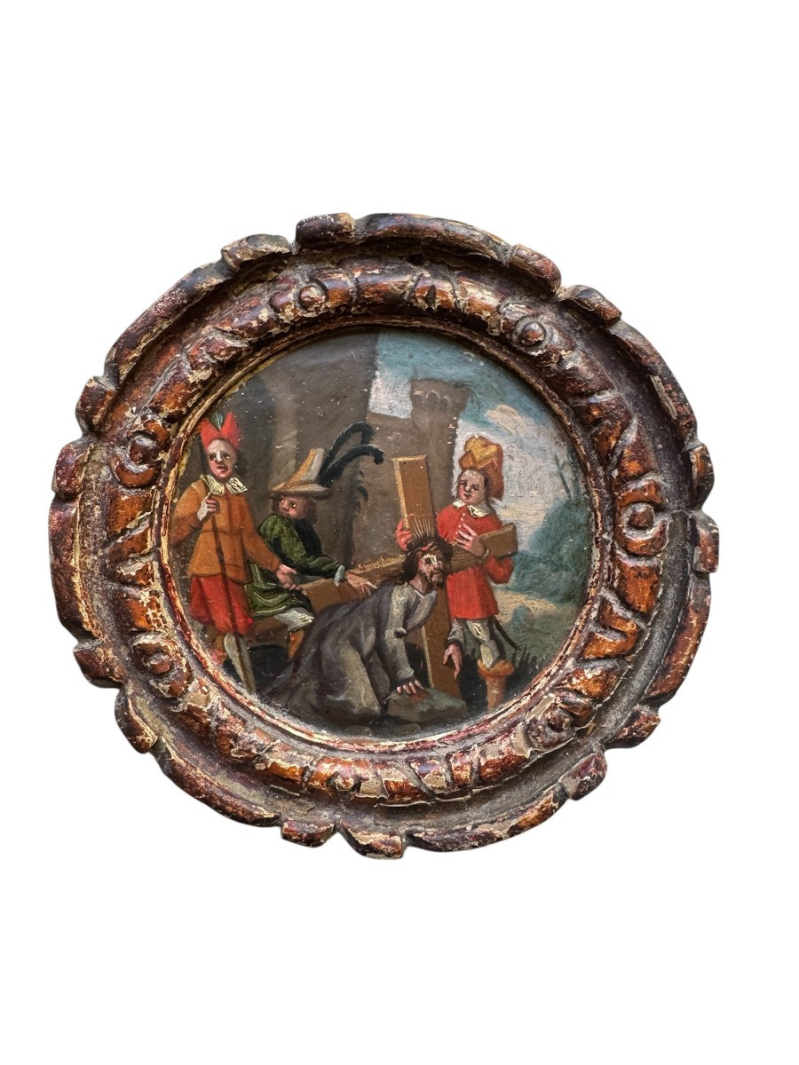  Tondo - Oil On Panel - Humiliated Christ Carrying The Cross - Stations Of The Cross - Northern Italy
