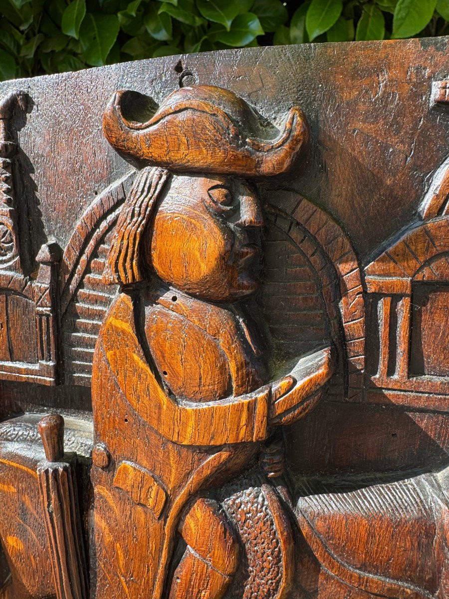 Bois sculpt&eacute; &ndash; Art populaire &ndash; Panneau sculpt&eacute; &ndash; Homme &agrave; cheval et &eacute;glise au coq -photo-4