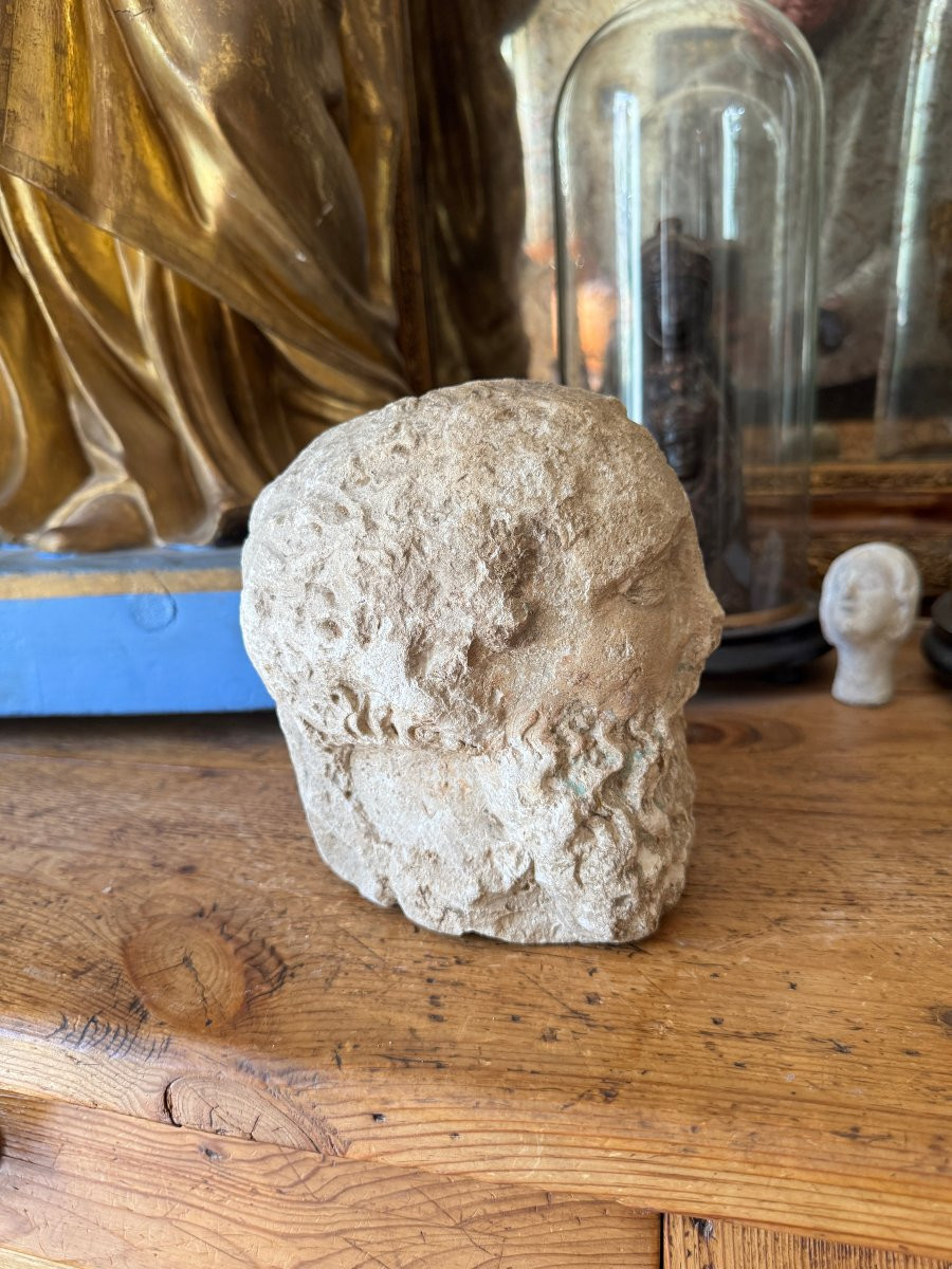 Statuaire en Pierre – Tête de saint barbu – Fragment de sculpture médiévale – Haute Époque-photo-3