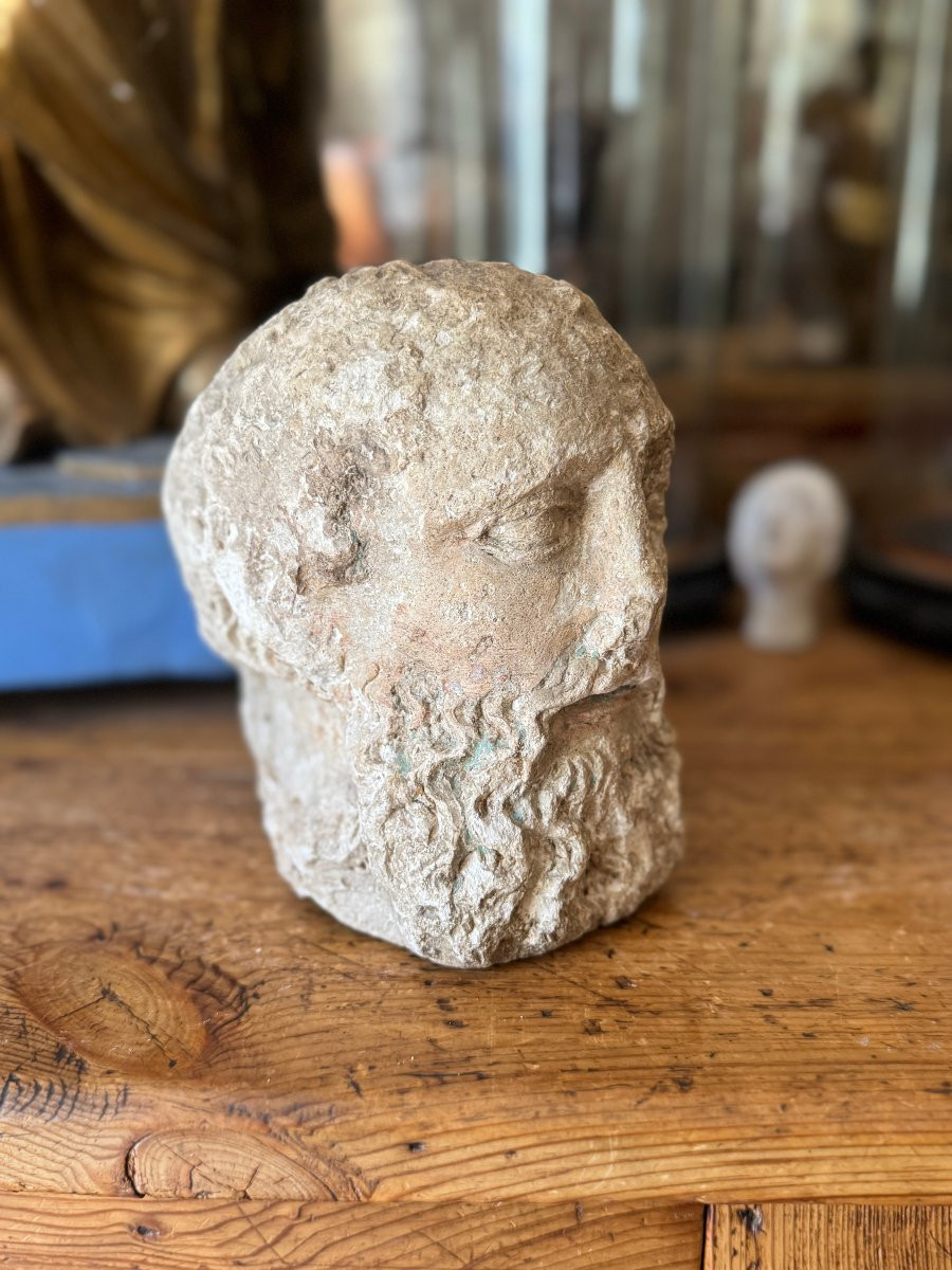 Statuaire en Pierre – Tête de saint barbu – Fragment de sculpture médiévale – Haute Époque-photo-4