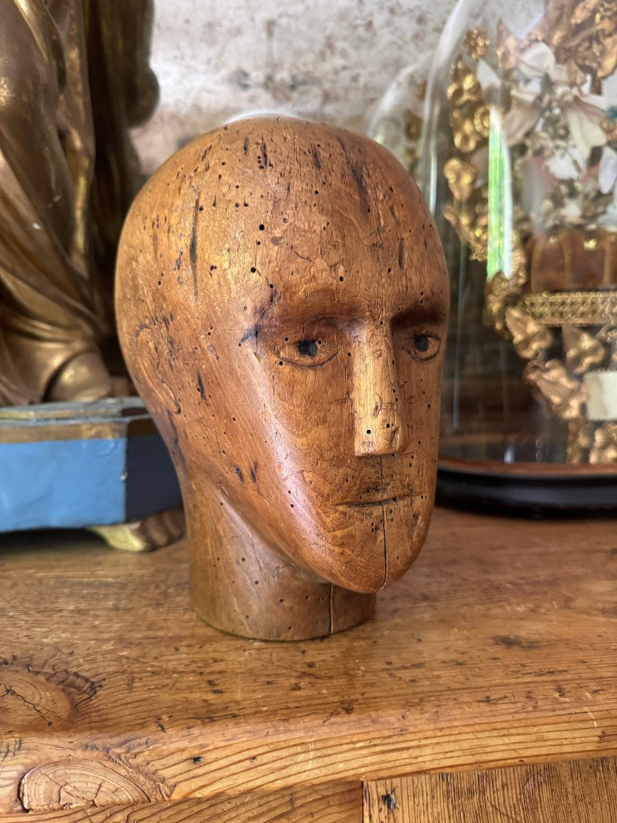 Marotte - Mannequin - Hatmaker's Head - Anthropomorphic Sculpture - Folk Art-photo-2