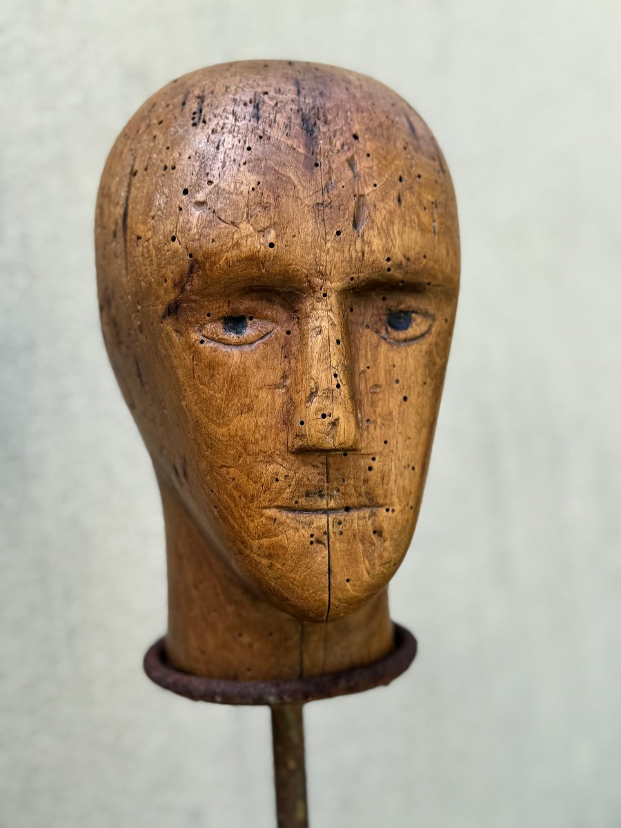 Marotte - Mannequin - Hatmaker's Head - Anthropomorphic Sculpture - Folk Art-photo-6