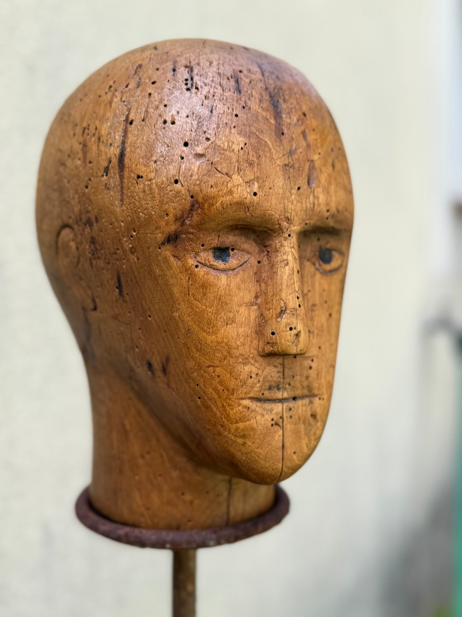 Marotte - Mannequin - Hatmaker's Head - Anthropomorphic Sculpture - Folk Art-photo-7