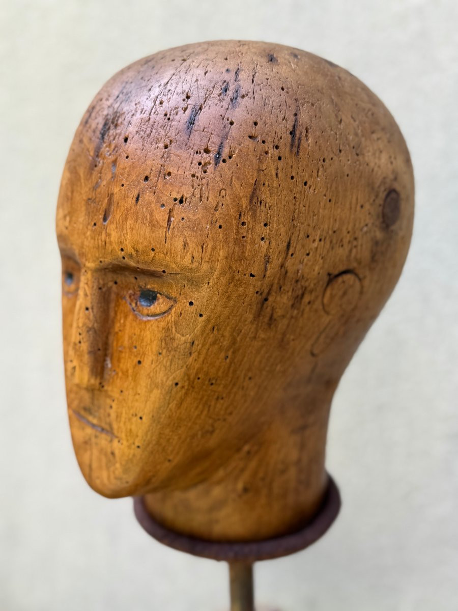 Marotte - Mannequin - Hatmaker's Head - Anthropomorphic Sculpture - Folk Art-photo-8