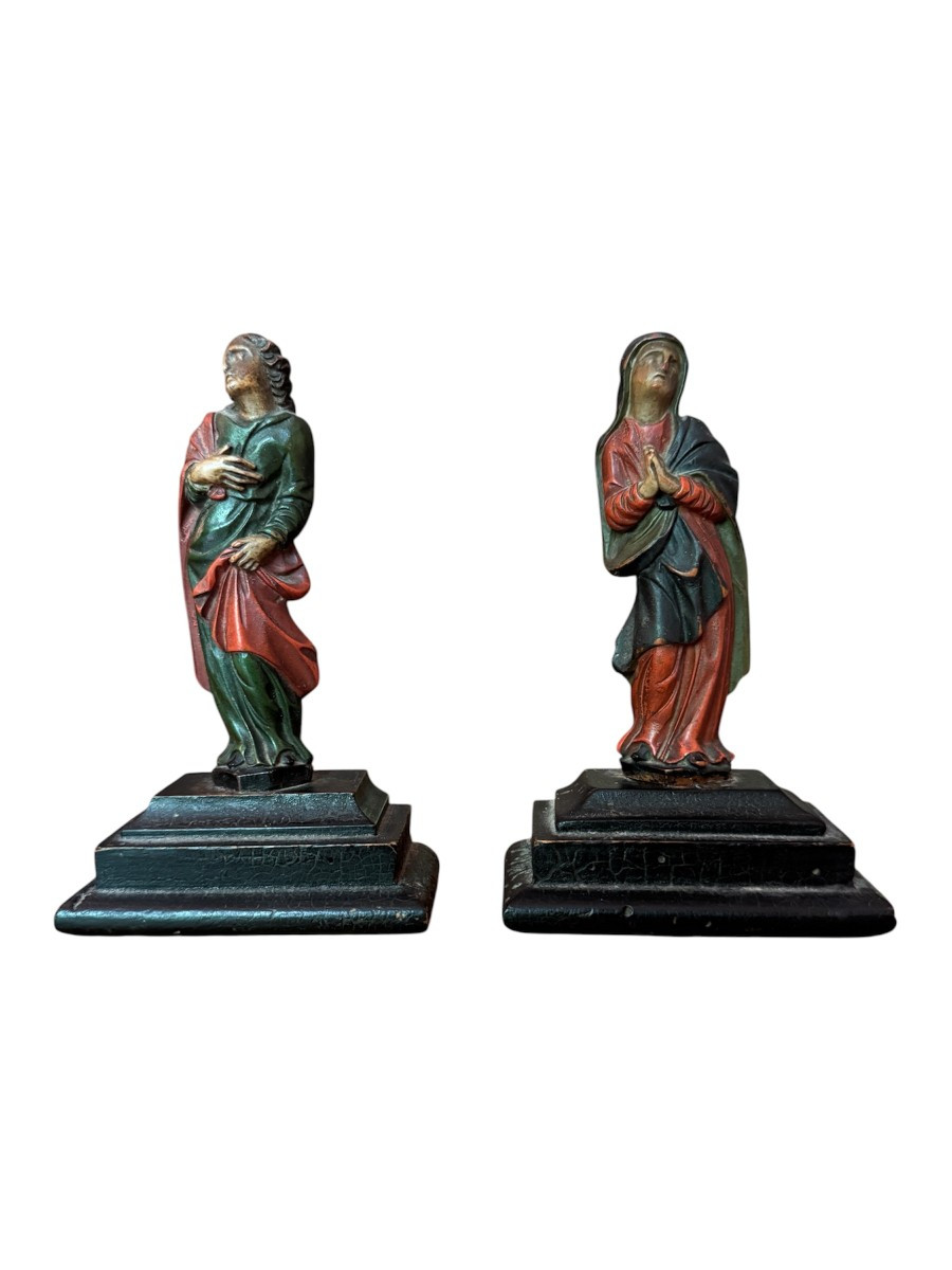 Miniature - Calvary Figures - Virgin Mary And Saint John - Polychrome- Religious Sculpture