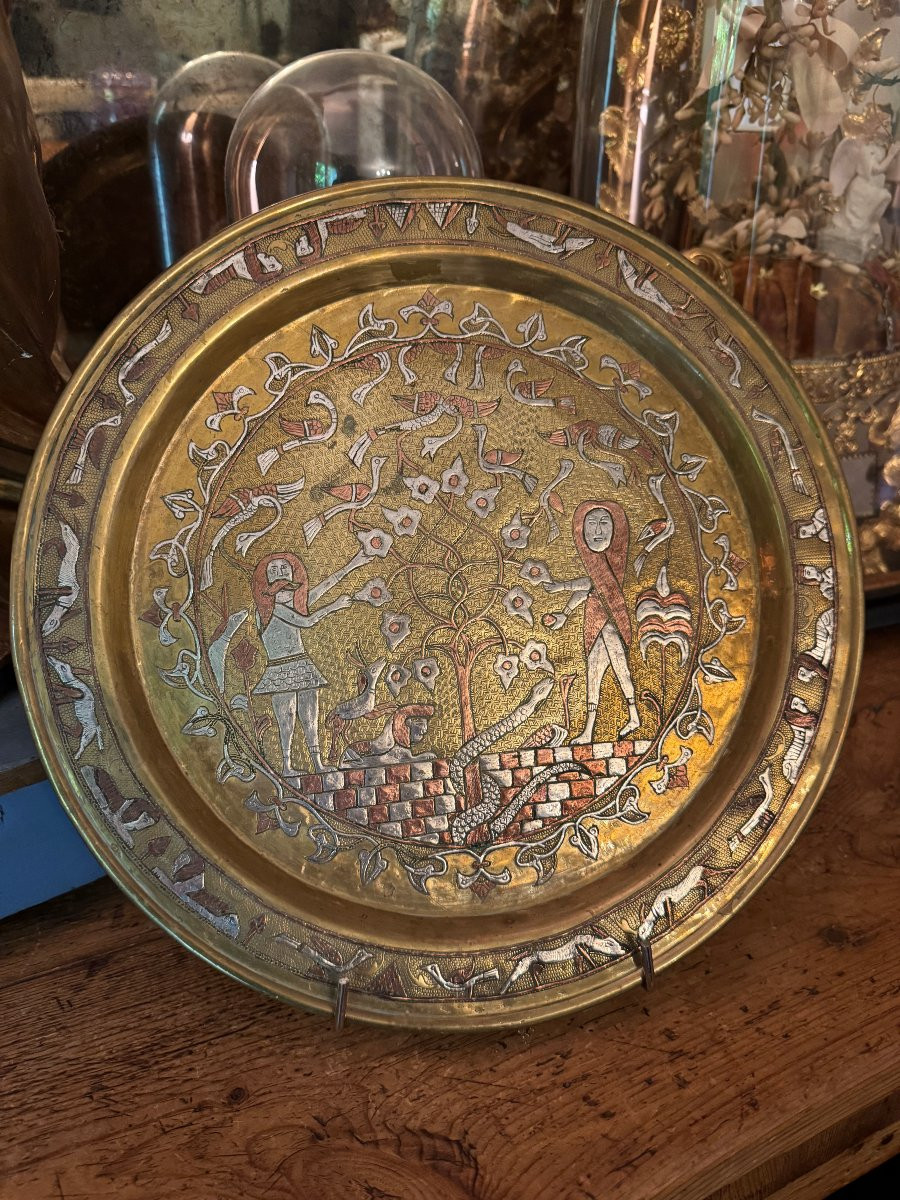 Islamic Art - Syrian Tray, Damascus - Brass And Silver - Adam And Eve - Syria - Folk Art-photo-2