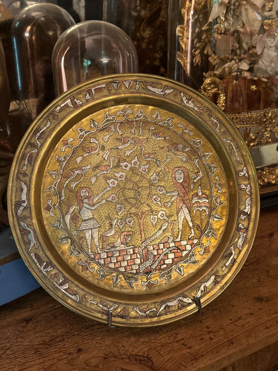 Islamic Art - Syrian Tray, Damascus - Brass And Silver - Adam And Eve - Syria - Folk Art-photo-3