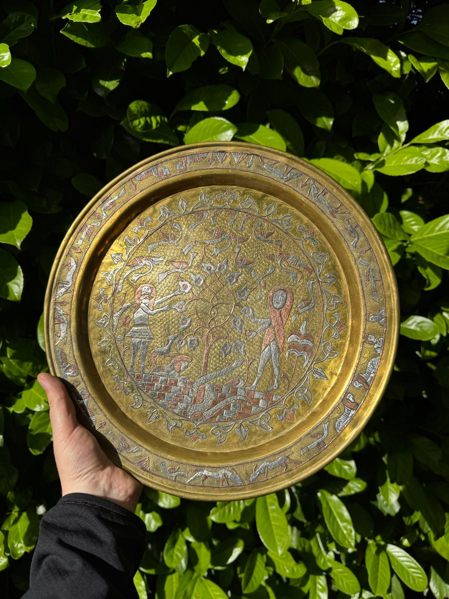 Islamic Art - Syrian Tray, Damascus - Brass And Silver - Adam And Eve - Syria - Folk Art-photo-4