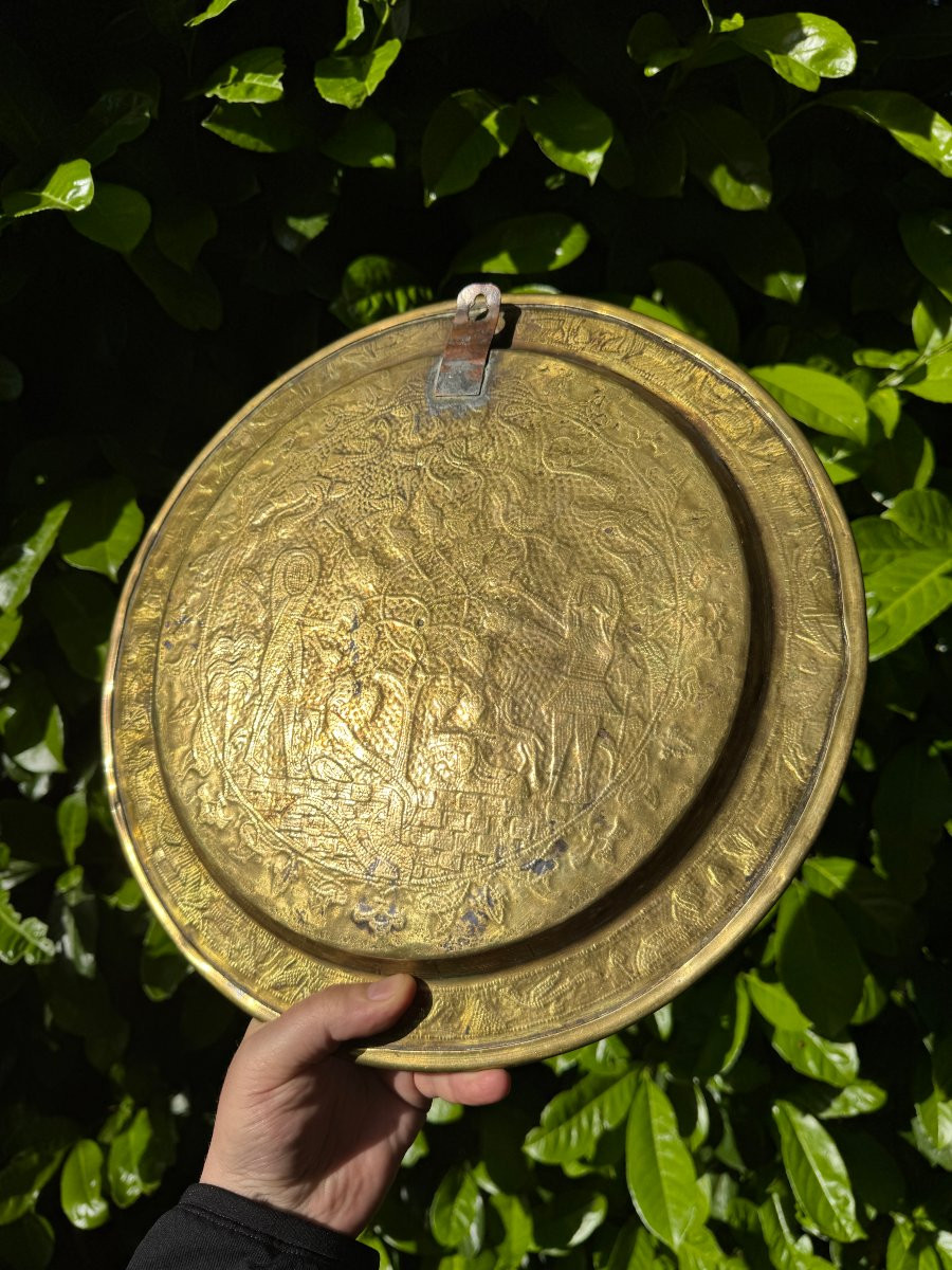 Islamic Art - Syrian Tray, Damascus - Brass And Silver - Adam And Eve - Syria - Folk Art-photo-1