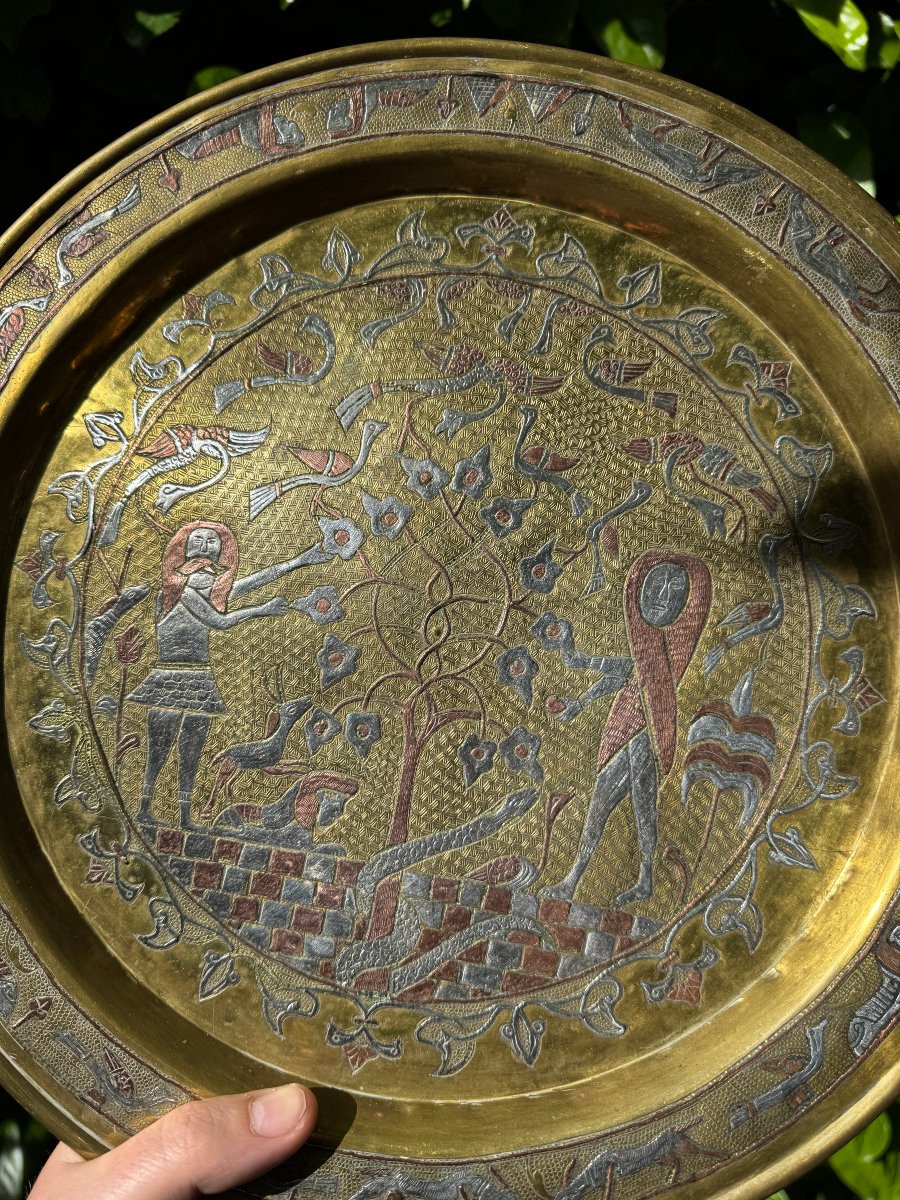 Islamic Art - Syrian Tray, Damascus - Brass And Silver - Adam And Eve - Syria - Folk Art-photo-3