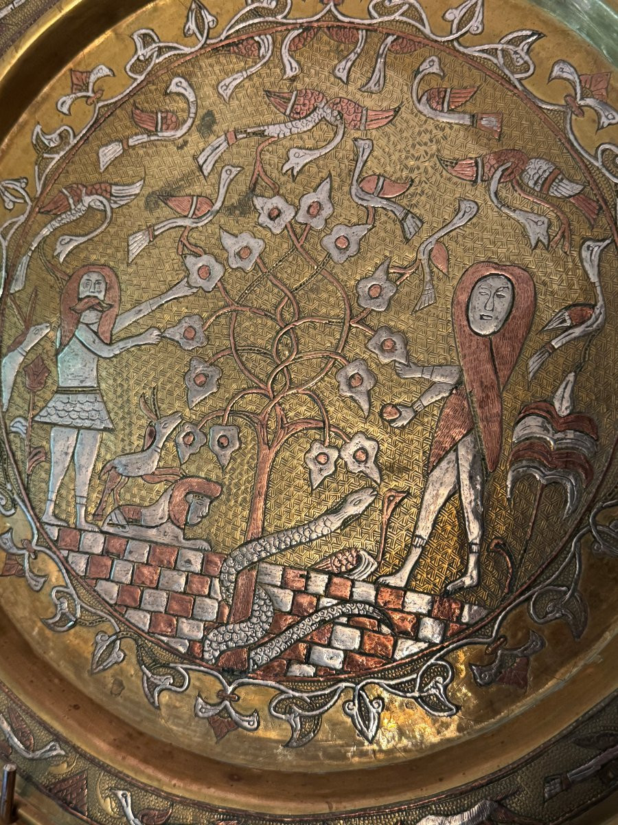 Islamic Art - Syrian Tray, Damascus - Brass And Silver - Adam And Eve - Syria - Folk Art-photo-4