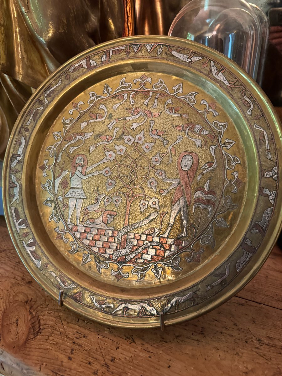 Islamic Art - Syrian Tray, Damascus - Brass And Silver - Adam And Eve - Syria - Folk Art-photo-5
