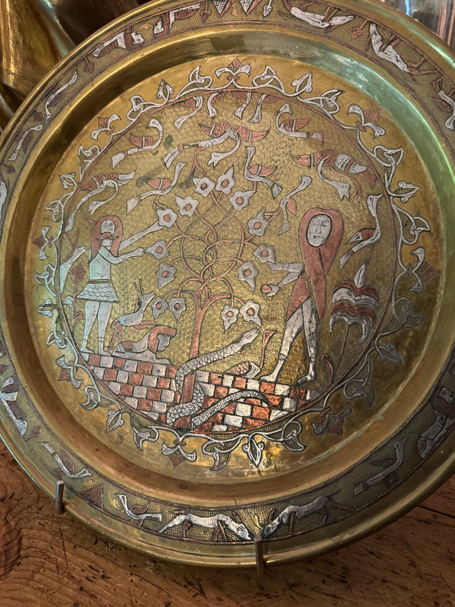 Islamic Art - Syrian Tray, Damascus - Brass And Silver - Adam And Eve - Syria - Folk Art-photo-6