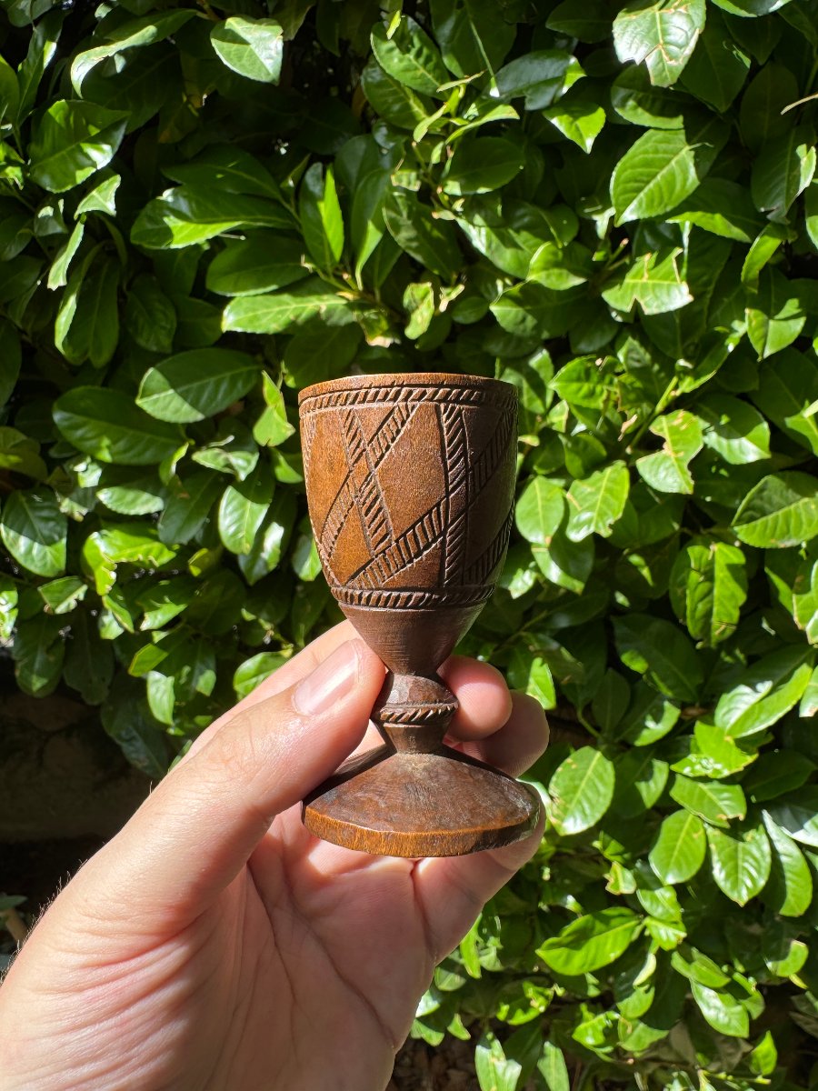 Miniature - Carved Cup - Turned And Engraved Wood - Folk Art - Massif Central - Auvergne-photo-2
