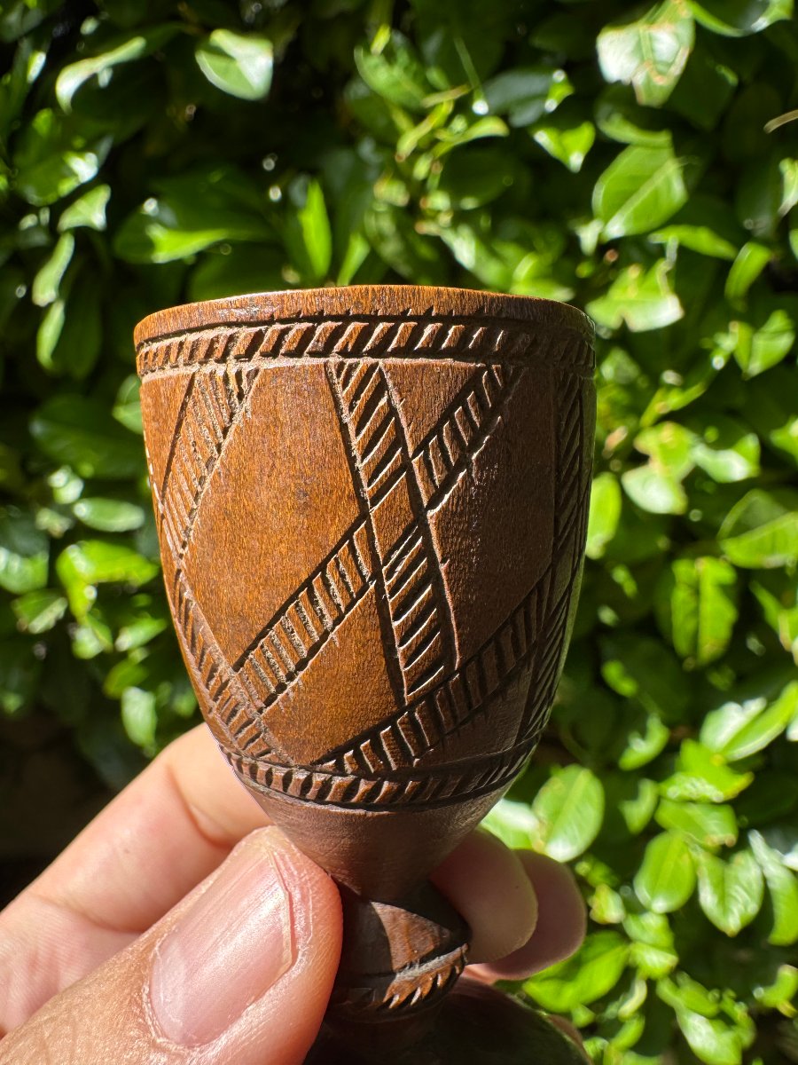 Miniature - Carved Cup - Turned And Engraved Wood - Folk Art - Massif Central - Auvergne-photo-3