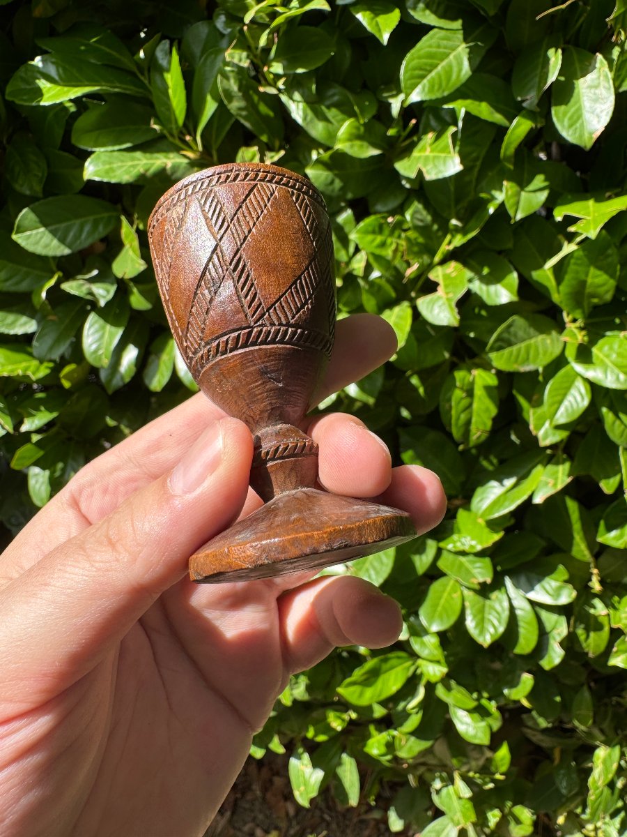 Miniature - Carved Cup - Turned And Engraved Wood - Folk Art - Massif Central - Auvergne-photo-2