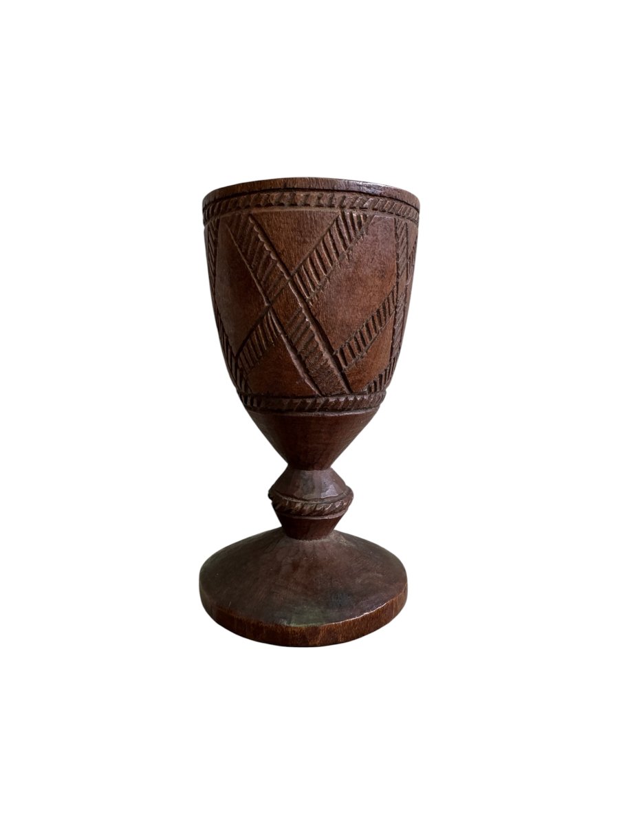 Miniature - Carved Cup - Turned And Engraved Wood - Folk Art - Massif Central - Auvergne
