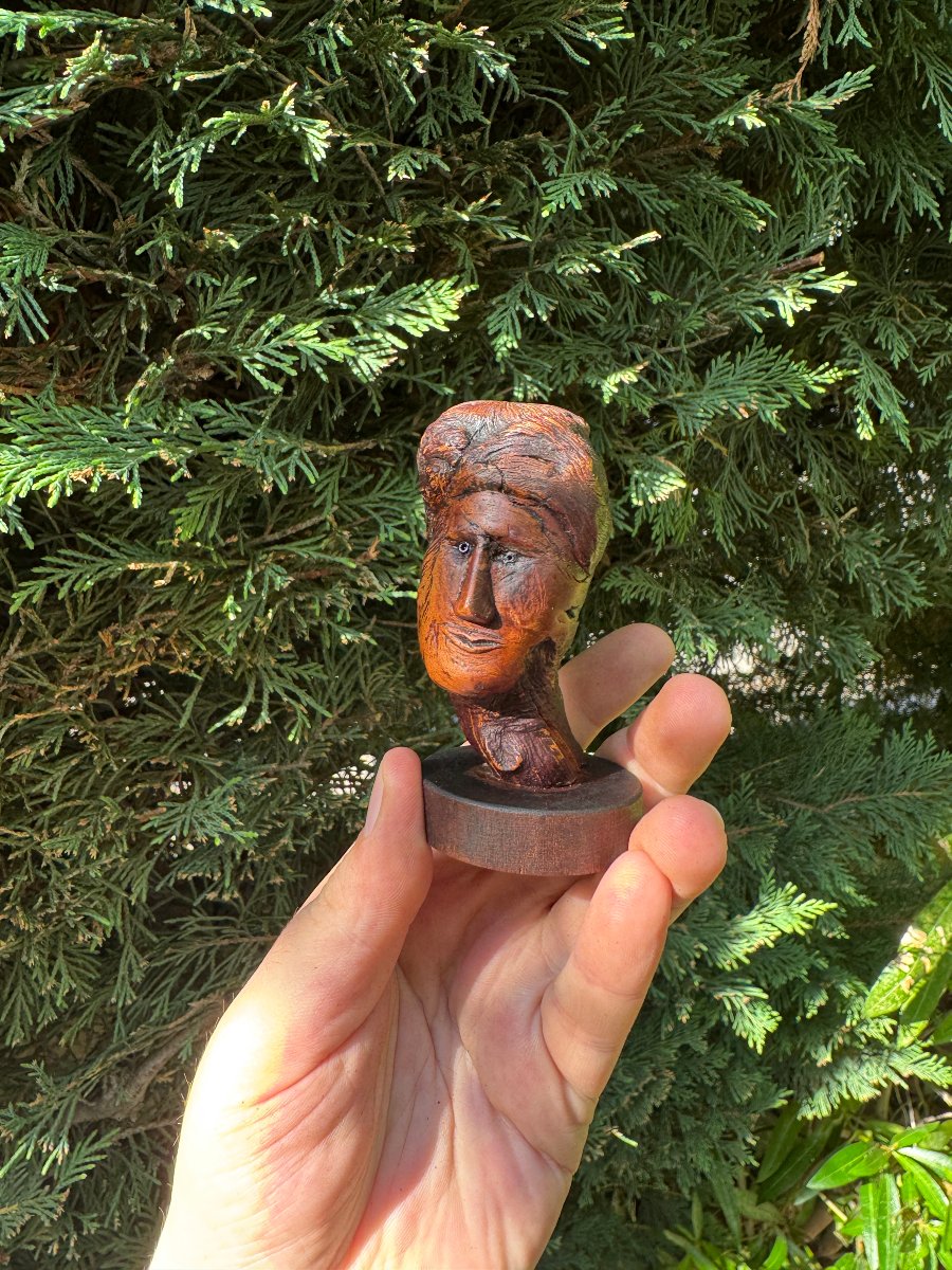 Sculpture - Visage, Buste féminin populaire sculpté dans une loupe de bois – Art populaire-photo-5