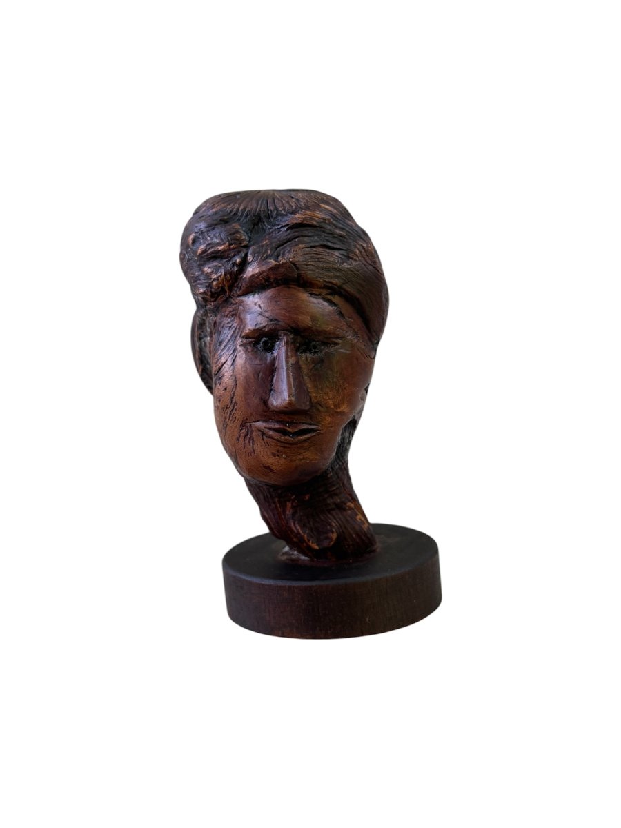 Sculpture - Visage, Buste féminin populaire sculpté dans une loupe de bois – Art populaire