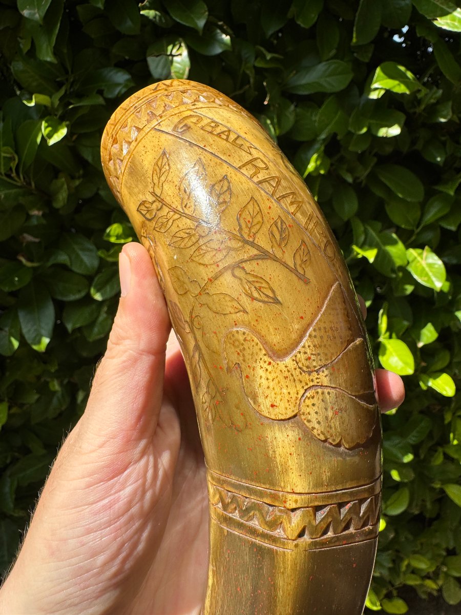Tasse, coupe de chasse en corne sculptée – Décor héraldique et militaire – Art populaire-photo-1