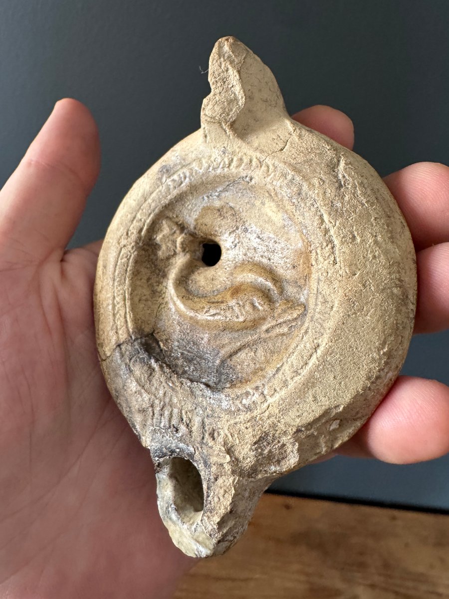 Artefact – Antiquité – Lampe à huile en terre cuite avec documentation – Dauphin – Archéologie-photo-5