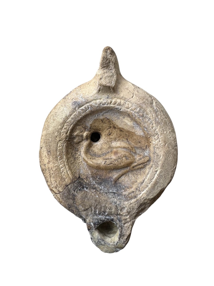 Artefact – Antiquité – Lampe à huile en terre cuite avec documentation – Dauphin – Archéologie
