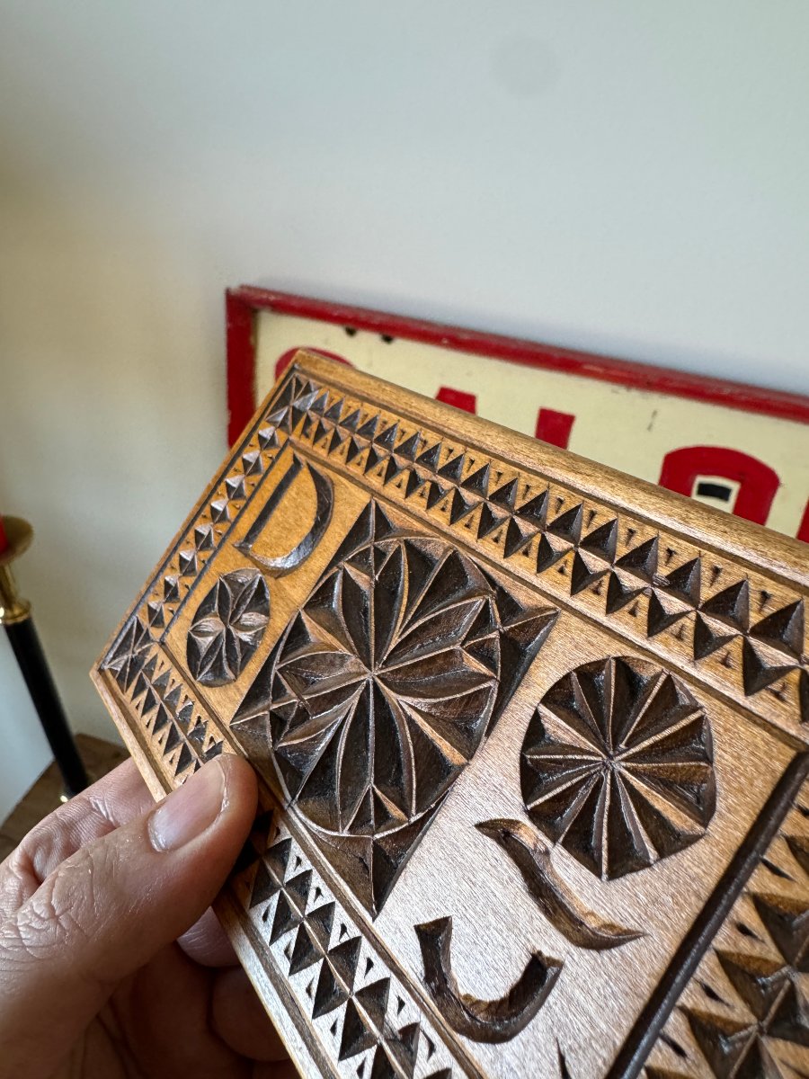 Knife-carved Lace-making Folding Ruler – Rosettes And Geometric Patterns – Folk Art -photo-4
