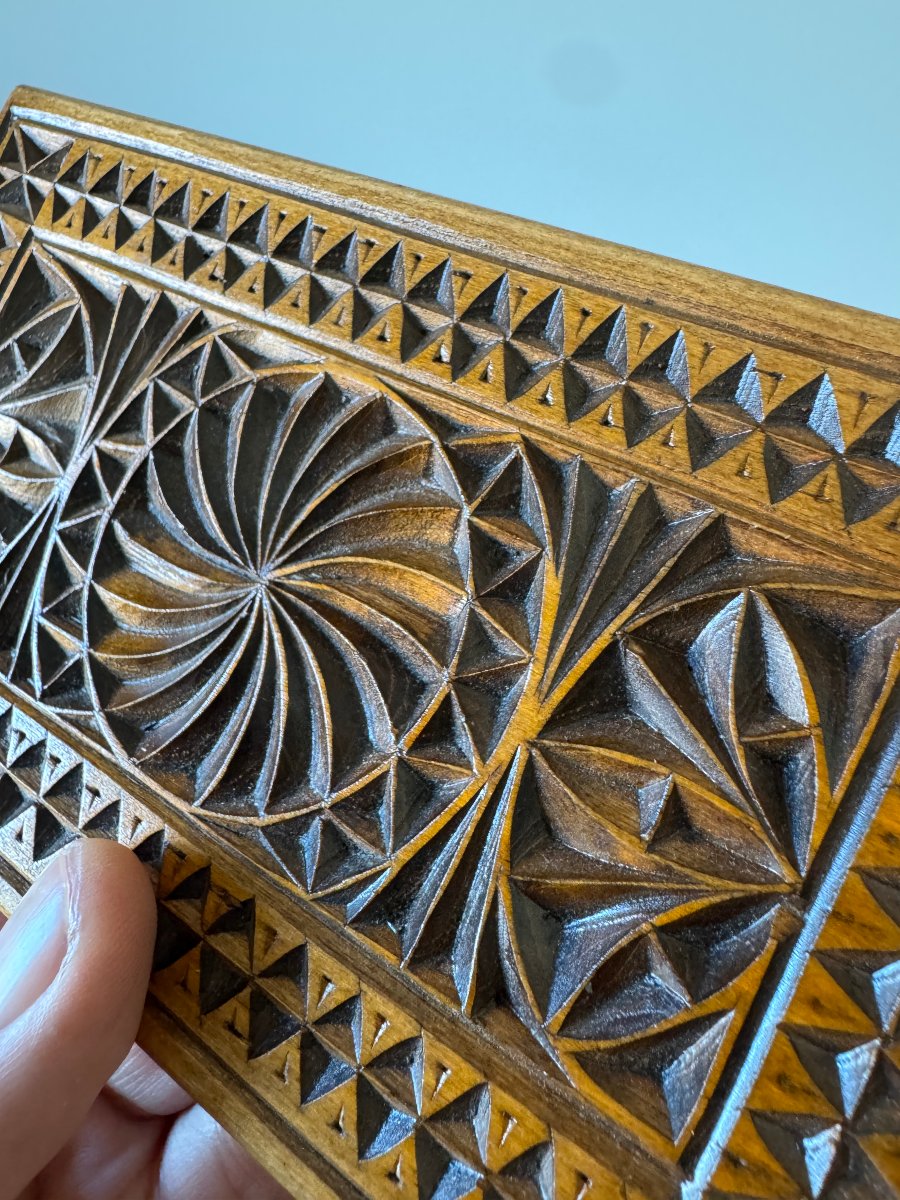 Knife-carved Lace-making Folding Ruler – Rosettes And Geometric Patterns – Folk Art -photo-3
