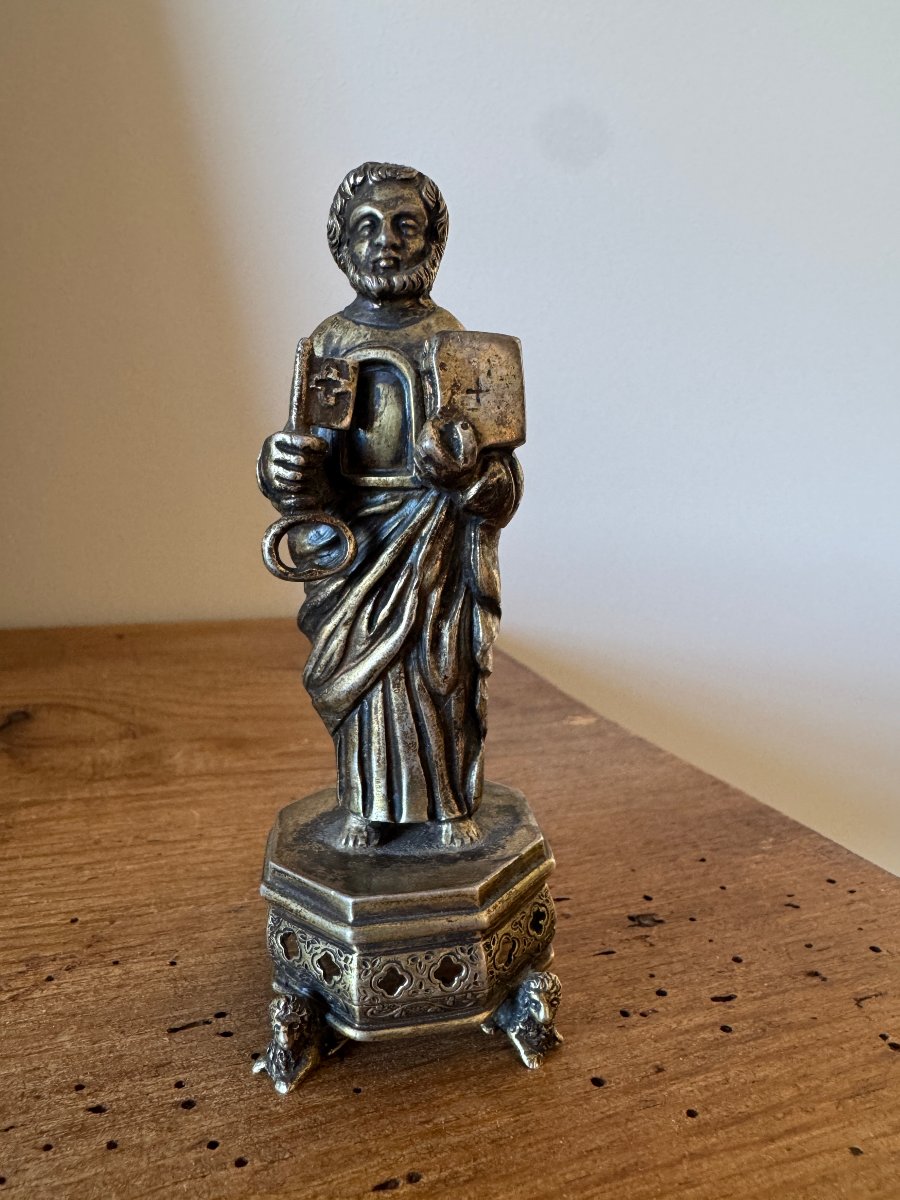 Reliquaire - Statuette de Saint Pierre – Bronze argenté – Statuaire religieuse – Haute Époque-photo-3