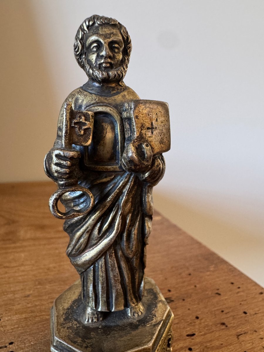 Reliquaire - Statuette de Saint Pierre – Bronze argenté – Statuaire religieuse – Haute Époque-photo-3