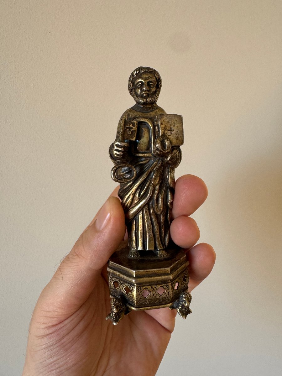 Reliquaire - Statuette de Saint Pierre – Bronze argenté – Statuaire religieuse – Haute Époque-photo-4